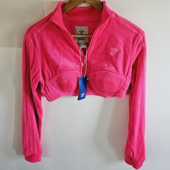 NWT Jeremy Scott Adidas Originals JS Track Crop Top Jacket Velour Solar Pink L - Picture 2 of 8